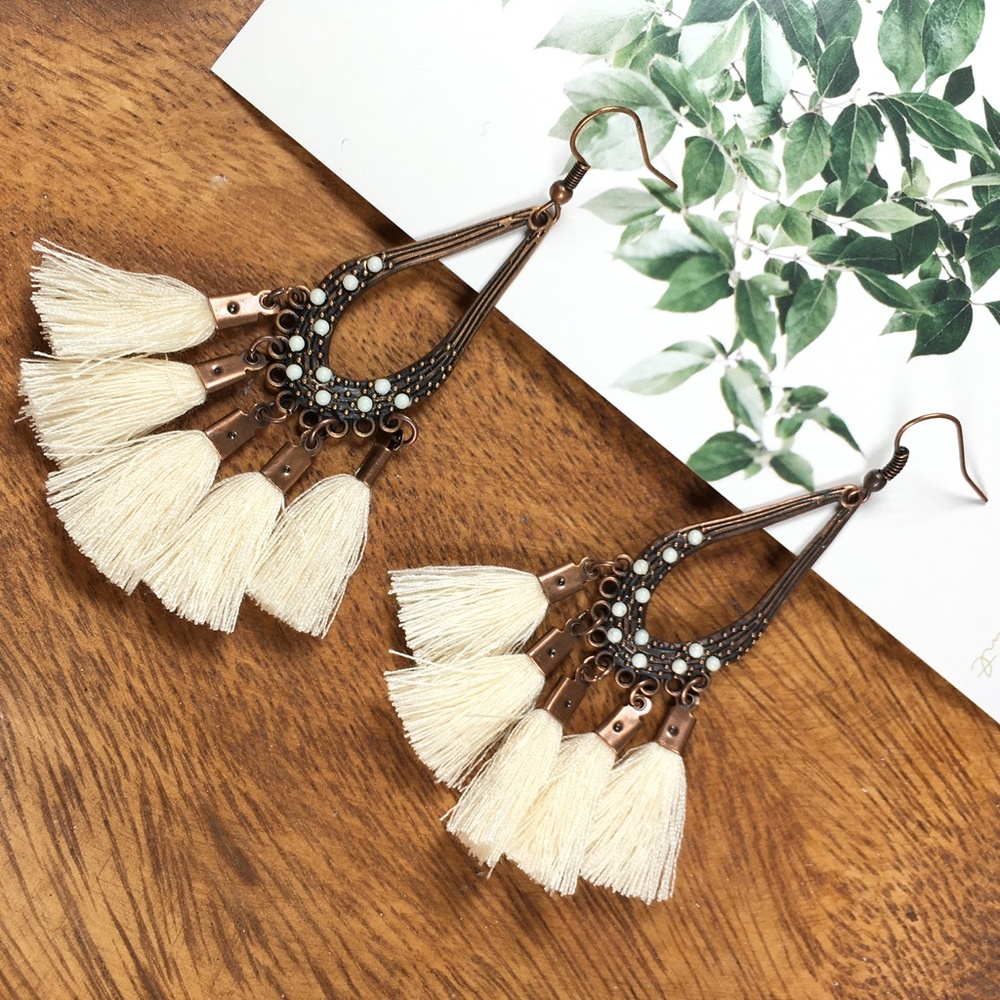 Cream Vintage Boho Tassel Drop Earrings - Picture 4 of 7